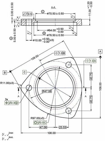 3" flange 3-Bolt design R=97mm